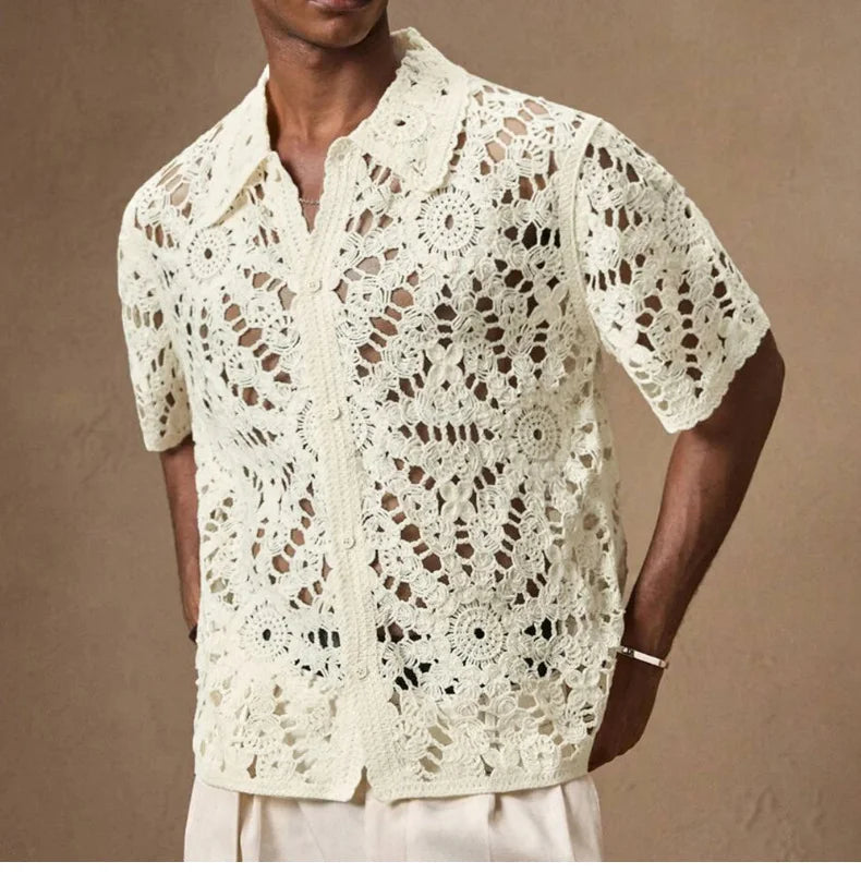 Men's Sexy Mesh Crochet Open Front Polo Shirt Short Sleeve Summer Fashion Shirts Breathable Knitted Top Beach Club Costume