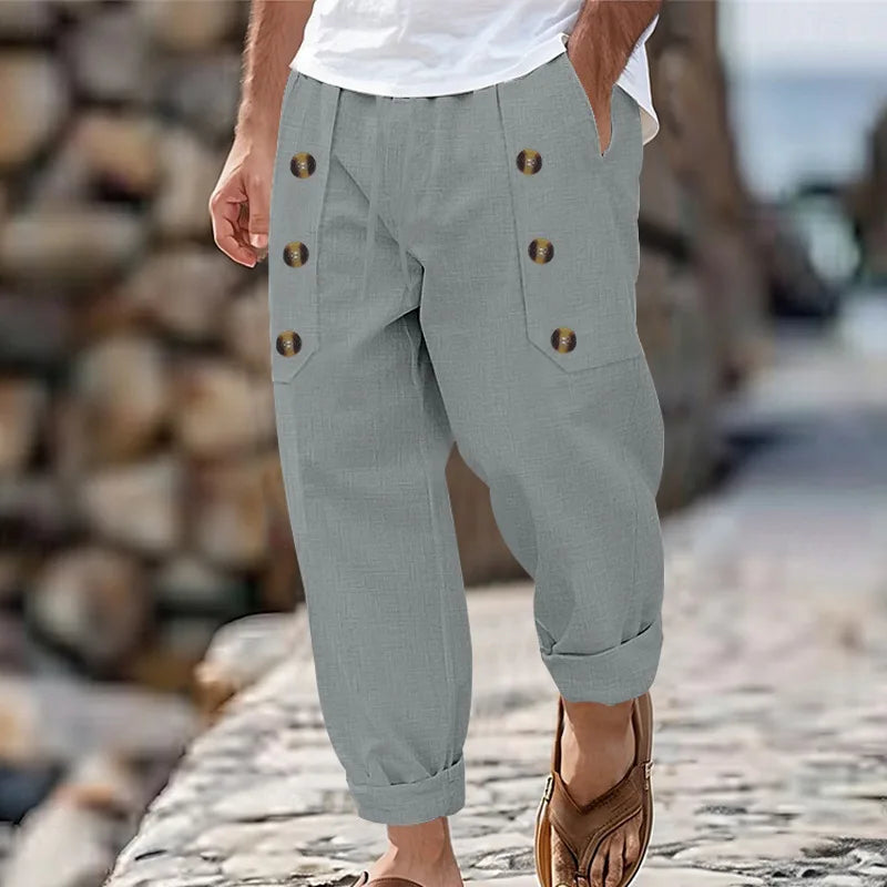 2024 Casual Weiyi Beach Men's Trousers Spring and Autumn Leisure Multi-Button Comfortable Cotton and Linen Loose Trousers