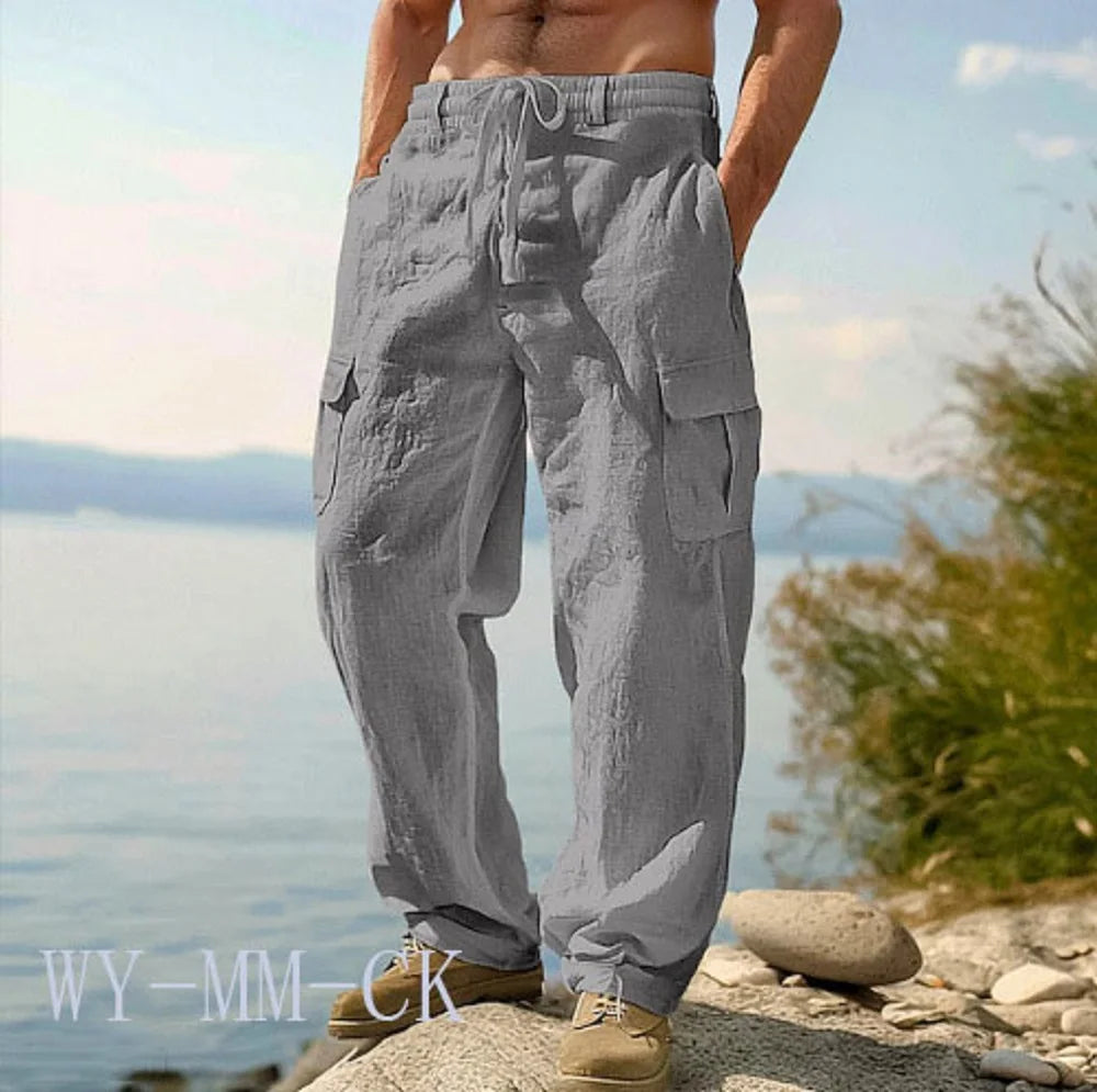 European And American Men's Cotton And Linen Trousers Multi-pocket Work Pants Loose Straight Sportswear And Casual Trousers