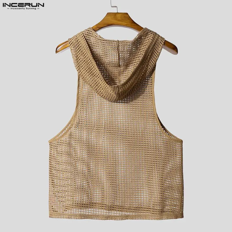 INCERUN Men Tank Tops Mesh Hollow Out Sexy See Through Hooded Sleeveless Male Vests Solid Streetwear Fashion Men Clothing S-3XL