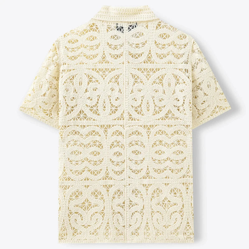 2026 Summer Vacation Beach Vintage Shirts Mens Knitted Hollow Out Crochet Knit Shirt Tops Men Outdoor Casual Short Sleeve Shirts