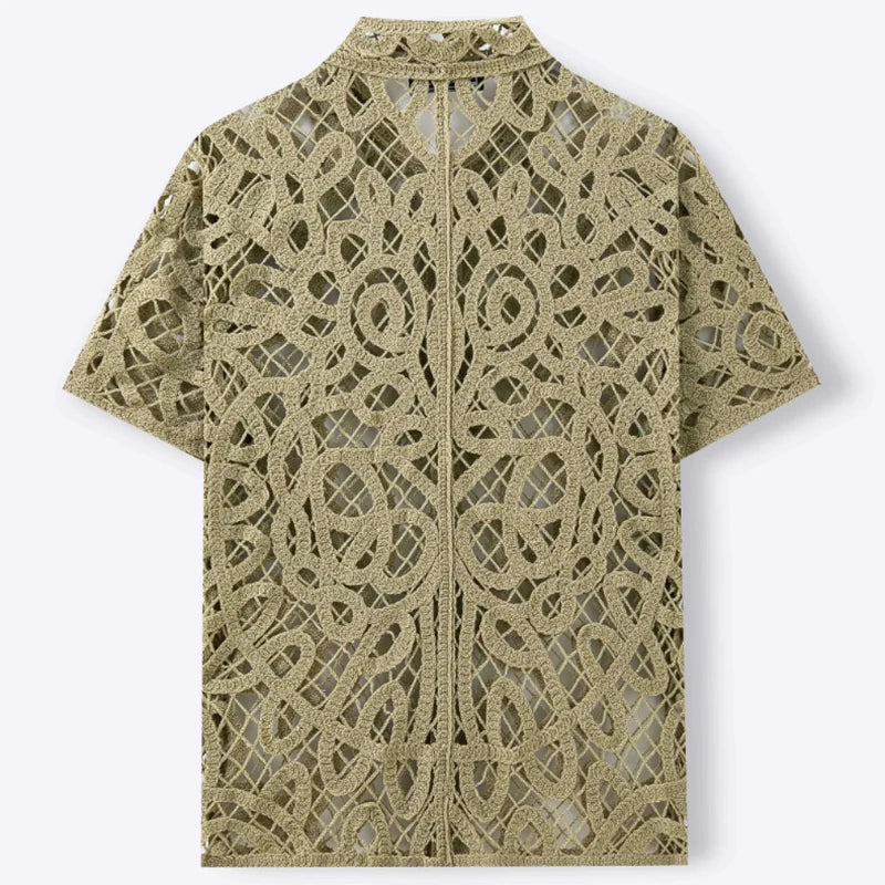 Vintage Florals Embroidery Crochet Knit Shirts Mens Summer Sexy See Through Hollow Out Shirt Outdoor Casual Men Short Sleeve Top