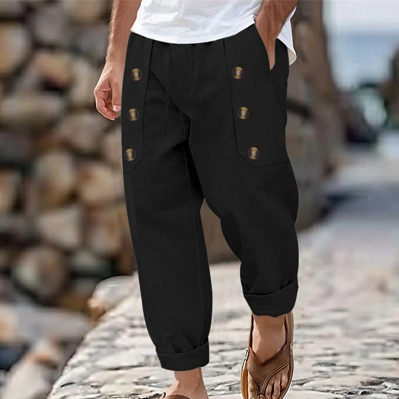 2024 Casual Weiyi Beach Men's Trousers Spring and Autumn Leisure Multi-Button Comfortable Cotton and Linen Loose Trousers