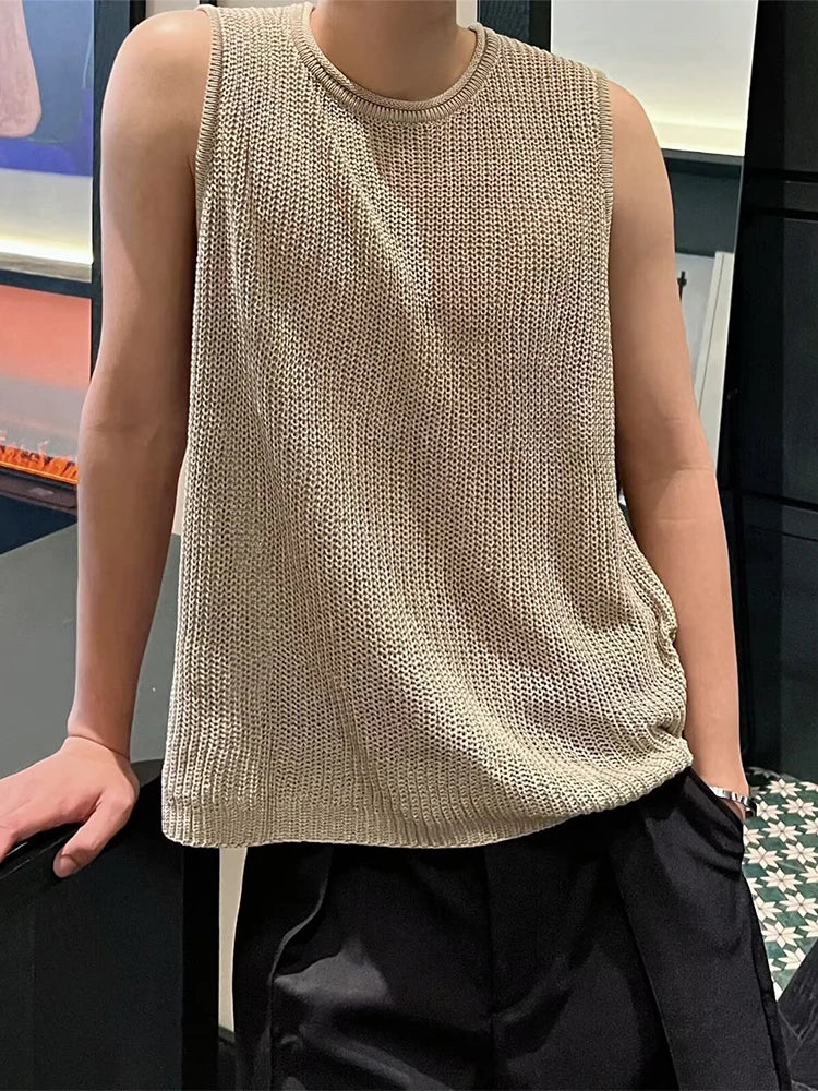 Summer Seaside Beach Casual Hollow Out Tank Tops Men Vintage Solid Color Sleeveless Knit Camisoles Mens Stylish Crew Neck Vest
