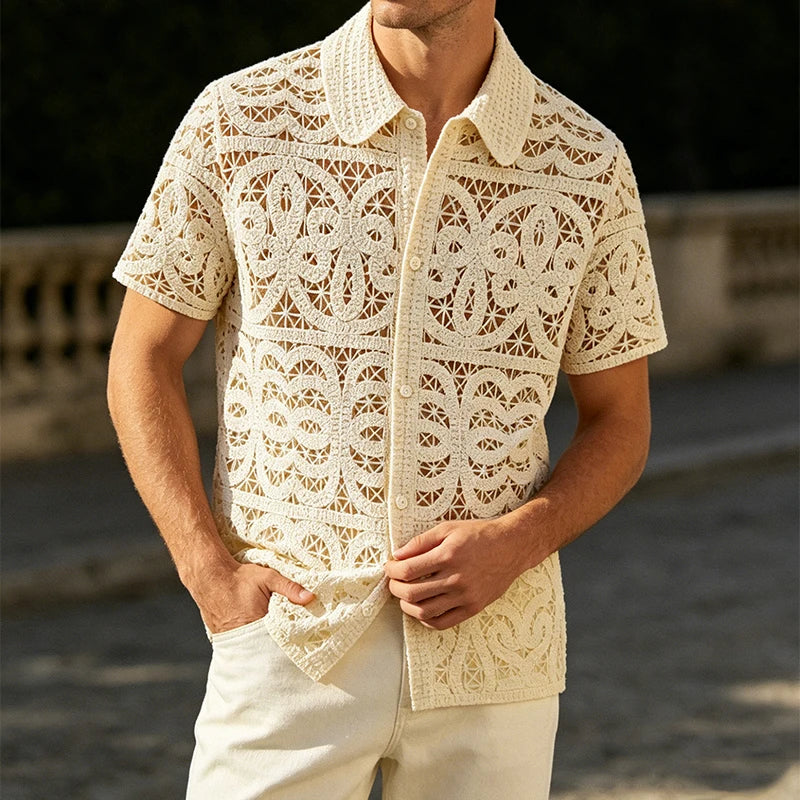 2026 Summer Vacation Beach Vintage Shirts Mens Knitted Hollow Out Crochet Knit Shirt Tops Men Outdoor Casual Short Sleeve Shirts