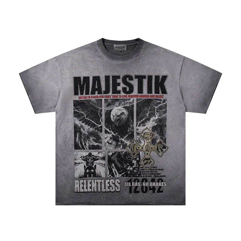 High Quality Men Woman Loose Retro Tee Washed Green Rhinestone Fashion MAJESTIK T Shirt Cotton Streetwear Graphic Print