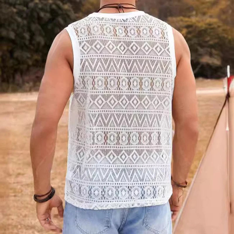 New Fashion Men Hollow Out Lace Tank Tops Summer Leisure Sports Sleeveless Gym Vests Slim-fit Tees Sexy Mesh Transparent T-shirt