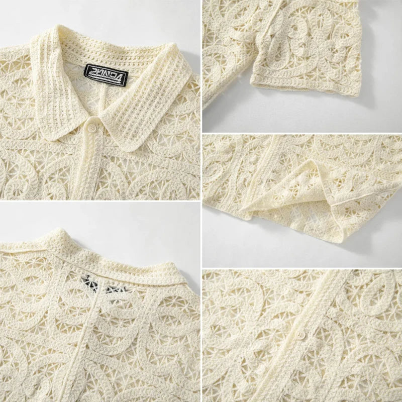 2026 Summer Vacation Beach Vintage Shirts Mens Knitted Hollow Out Crochet Knit Shirt Tops Men Outdoor Casual Short Sleeve Shirts