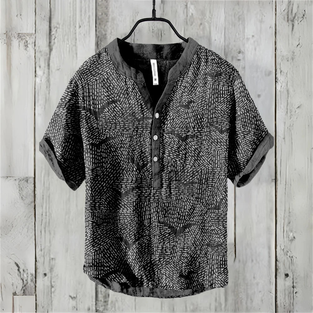 Men's short sleeve POLO shirt linen blend clothing retro line pattern Hawaiian holiday fashion comfortable men's tops