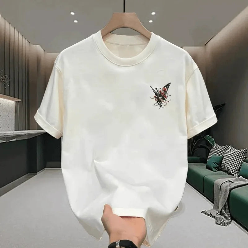 Men's Cotton Fitted T-shirts 5XL Black T Shirt for Men Casual Summer Wear Fashion Butterfly Print Tee Shirts White Men Clothing