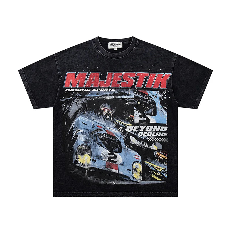 High Quality Men Woman Loose Retro Tee Washed Green Rhinestone Fashion MAJESTIK T Shirt Cotton Streetwear Graphic Print