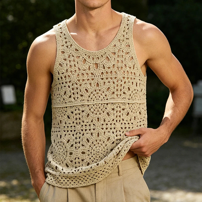Sexy Hollow Out Knit Crochet Tank Tops Mens Summer New Casual Breathable See Through Vest Shirt Men Stylish Sleeveless Camisoles