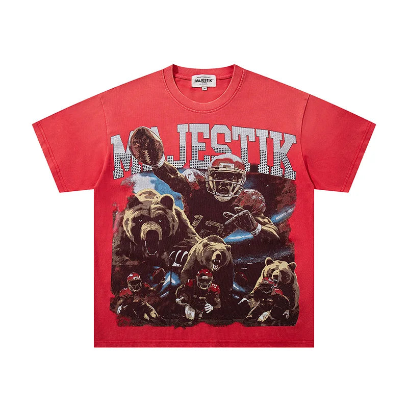High Quality Men Woman Loose Retro Tee Washed Green Rhinestone Fashion MAJESTIK T Shirt Cotton Streetwear Graphic Print