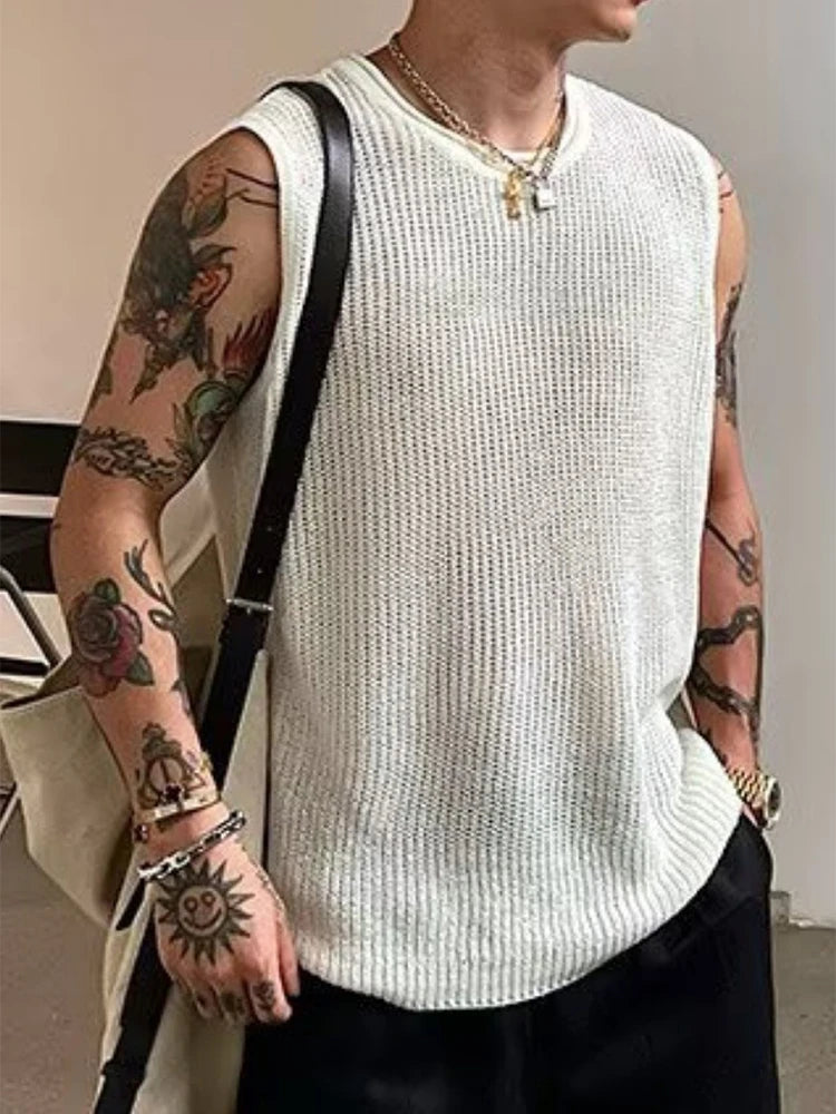 Summer Seaside Beach Casual Hollow Out Tank Tops Men Vintage Solid Color Sleeveless Knit Camisoles Mens Stylish Crew Neck Vest