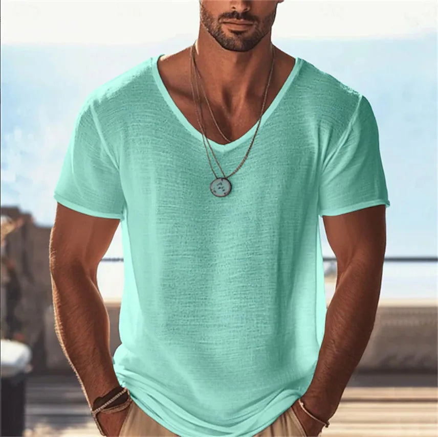Men's Clothing Simple Solid Color Men's Short-sleeved Tee Pink Short-sleeved T-shirt Summer New Oversized Men's V-neck T-shirt