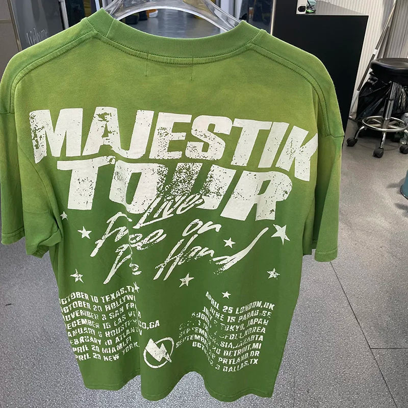 High Quality Men Woman Loose Retro Tee Washed Green Rhinestone Fashion MAJESTIK T Shirt Cotton Streetwear Graphic Print