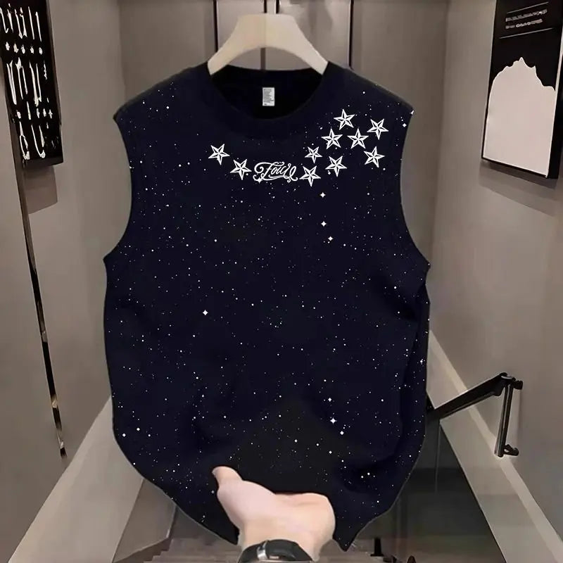 Starry Sky Print Sleeveless T-Shirt For Men Casual Trendy Summer Wear With Breathable Design