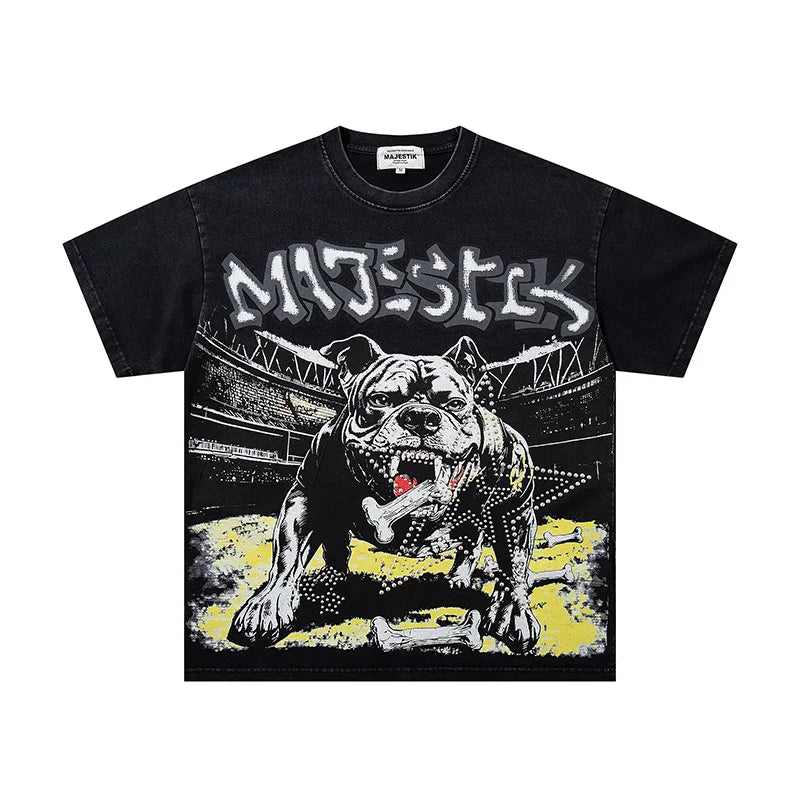 High Quality Men Woman Loose Retro Tee Washed Green Rhinestone Fashion MAJESTIK T Shirt Cotton Streetwear Graphic Print
