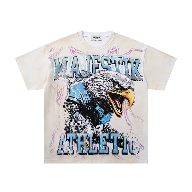 High Quality Men Woman Loose Retro Tee Washed Green Rhinestone Fashion MAJESTIK T Shirt Cotton Streetwear Graphic Print