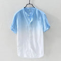 Short-sleeved shirt 100% linen cool breathable comfortable healthy material gradient blue Hawaiian beach men's cardigan shirt