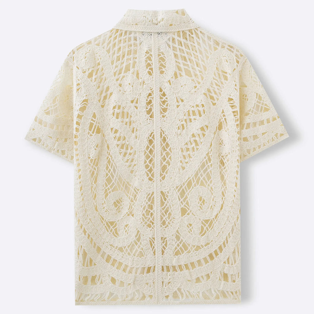 Men's Sexy Mesh Crochet Open Front Polo Shirt Short Sleeve Summer Fashion Shirts Breathable Knitted Top Beach Club Costume