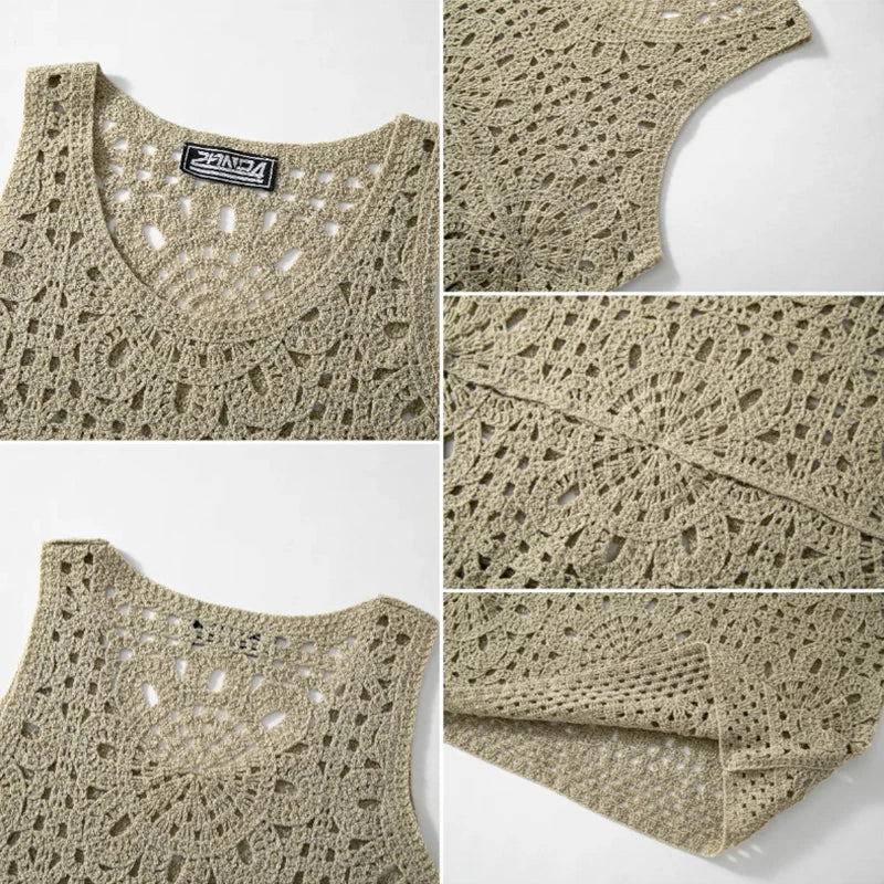 Sexy Hollow Out Knit Crochet Tank Tops Mens Summer New Casual Breathable See Through Vest Shirt Men Stylish Sleeveless Camisoles