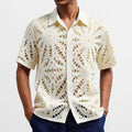 Men's Sexy Mesh Crochet Open Front Polo Shirt Short Sleeve Summer Fashion Shirts Breathable Knitted Top Beach Club Costume