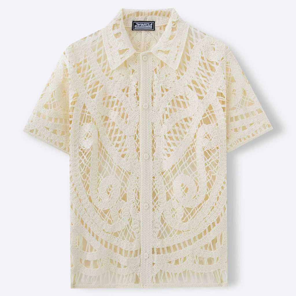 Men's Sexy Mesh Crochet Open Front Polo Shirt Short Sleeve Summer Fashion Shirts Breathable Knitted Top Beach Club Costume