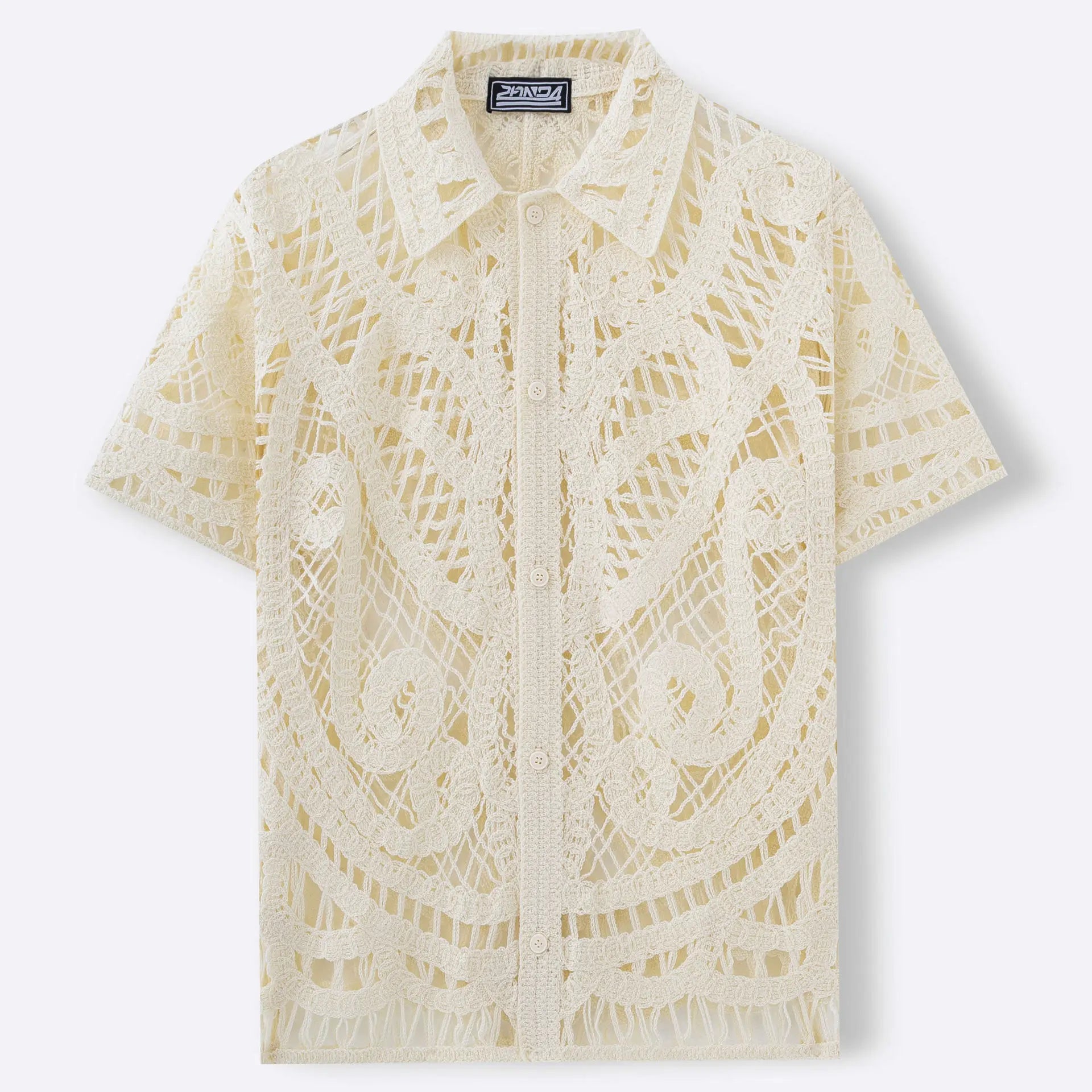 Men's Sexy Mesh Crochet Open Front Polo Shirt Short Sleeve Summer Fashion Shirts Breathable Knitted Top Beach Club Costume