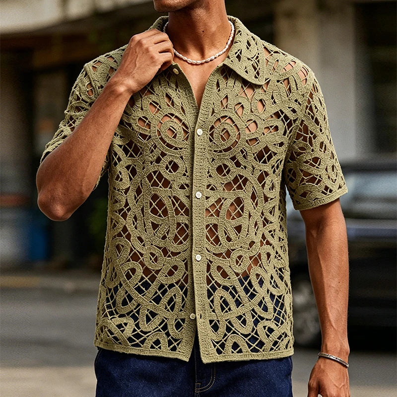 Vintage Florals Embroidery Crochet Knit Shirts Mens Summer Sexy See Through Hollow Out Shirt Outdoor Casual Men Short Sleeve Top