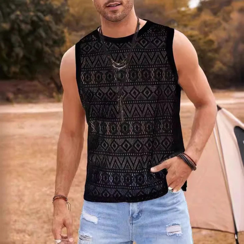 New Fashion Men Hollow Out Lace Tank Tops Summer Leisure Sports Sleeveless Gym Vests Slim-fit Tees Sexy Mesh Transparent T-shirt
