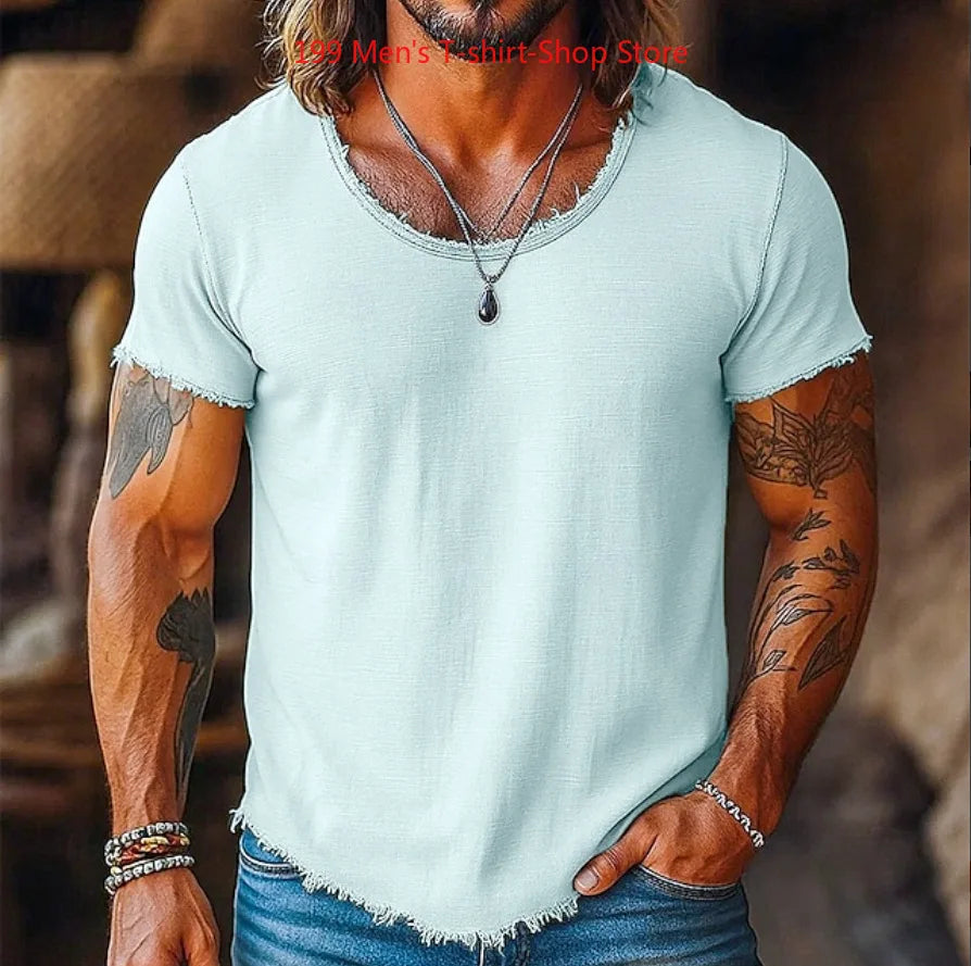 Camiseta Casual de Moda para Hombre, Primavera 2026, Manga Corta, Color Sólido, Corte Holgado